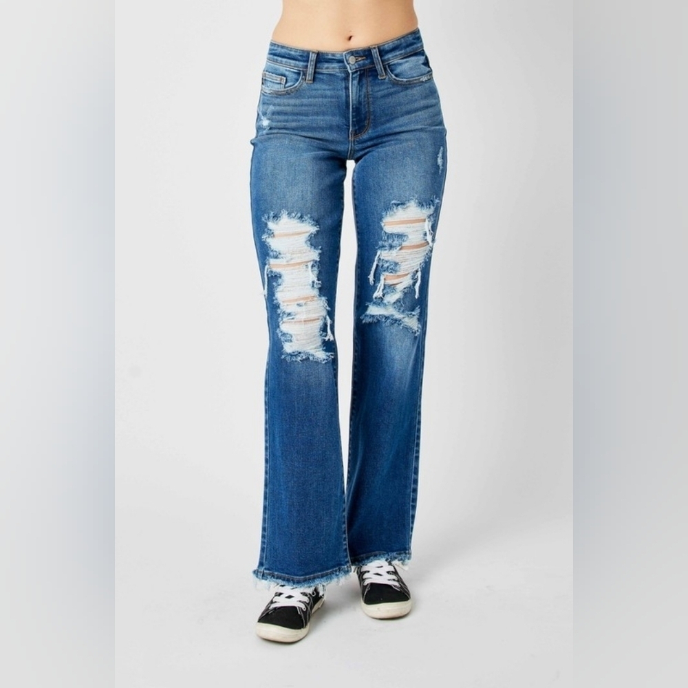 Judy Blue Mid Rise Distressed Raw Hem Straight Fit Dad Jeans Stretch Various NEW
